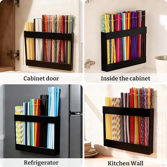 9.5” Large Acrylic Straw Holder for Cabinet Door with Ultra Sticky Adhesive Squares and Stickers, 2026 Reusable Straws Organizer Storage Dispenser for Kitchen Counter Cupboard