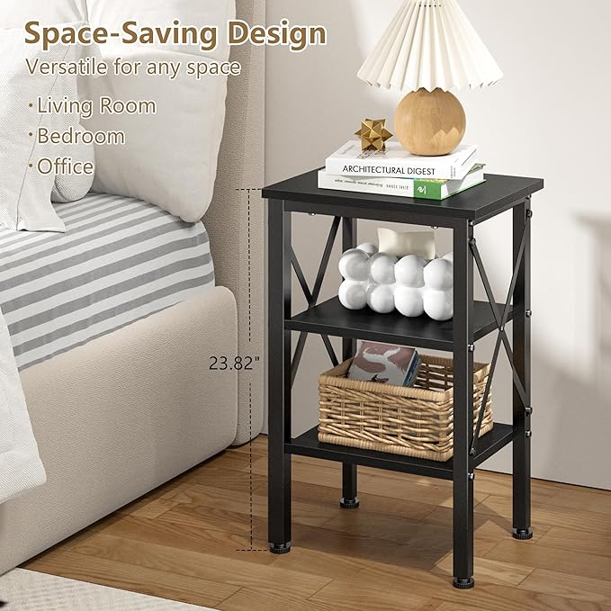 VECELO End Table, 24" Tall Living Room Side Tables, X-Design Reinforced Bedside Table, Nightstands with 3-Tier Storage Shelves for Small Spaces, Office, Bathroom, Bedroom, Classic Black, 1 Pack