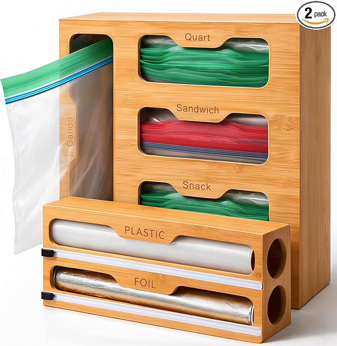 Bamboo Food Storage Bag Organizer for Drawer with Foil & Plastic Wrap Dispenser â 4 in 1 Premium Kitchen Drawer Organizer for Gallon, Quart & Sandwich Bags