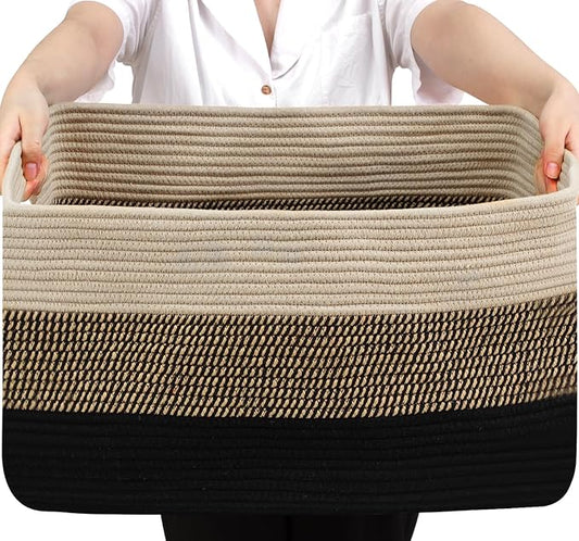 75L Large Blanket Basket, Woven Storage Baskets with Reinforced Handles, Rope Laundry Basket for Living Room, Bedroom, Nursery, Toys, Clothes, Pillows, 22â x 17â x 11.5â, Black & Brown
