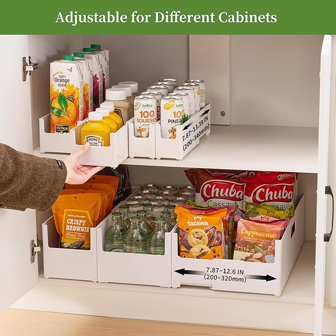 Adjustable Storage Bins for Home and Kitchen, Deep Stackable 7 Pieces Different Sizes Organizing Boxs for Cabinet Pantry Closet Refrigerator and Cupboard in White Plastic，WH-AD-White-Set-7PC