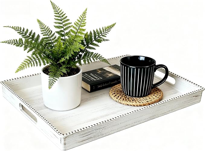 Zosenley Decorative Tray, Rectangular Plastic Tray with Handles, Modern Vanity Tray and Serving Tray for Bathroom, Kitchen, Ottoman and Coffee Table, 15.6â x 10.2â (Retro White)