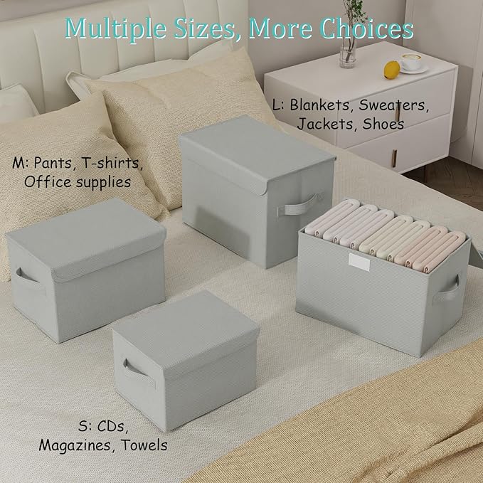 Storage Bins with Lids for Organizing, Closet Boxes with 2 Carrying Handles and Sturdy Heavy Cardboard, Home Organizers Cubes, 2 Pack, Grey, 15 x 9.8 x 9.8 In, XSNY12GL-2