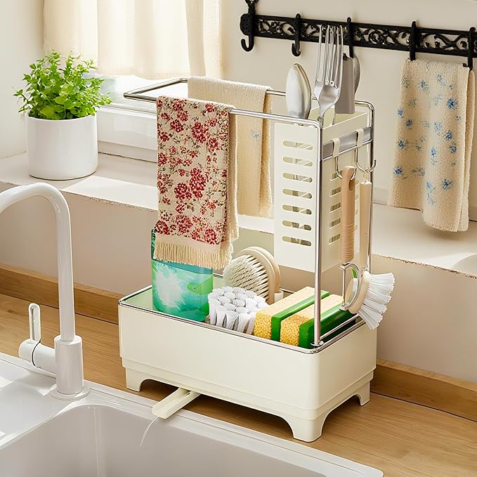 MOUKABAL Sponge Holder for Kitchen Sink, 2-Tier Sink Caddy Organizer with Drain Holes and Hooks, Holds Dishcloth, Sponge & Brushes, Kitchen Countertop Storage for New Home Essentials Off-white