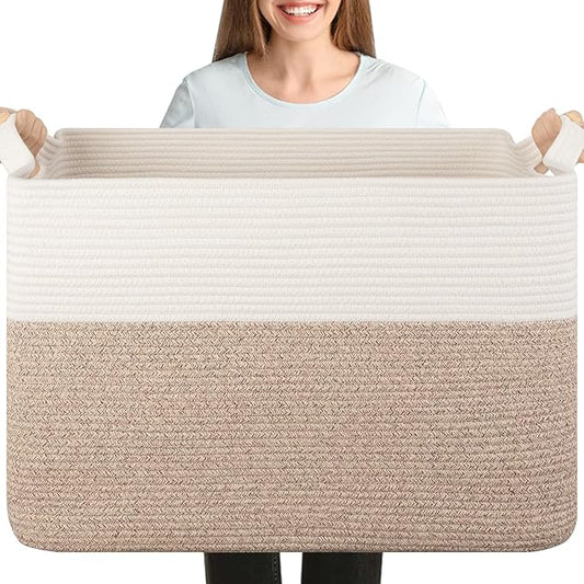 XXXL Supre Large Blanket Basket for Clothes, Towels, Pillows, 108L Cotton Rope Storage Basket for Living Room, Woven Toy Storage for Kids, 25" x 16" x 16", Brown and White