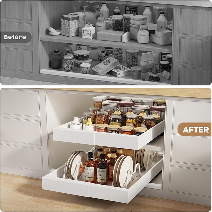 4 Pack Pull out Cabinet Organizer 21" Deep With Raising Pad for Framed Cabinets, Expandable (9"-14" W) Slide out Drawers for Kitchen Cabinets with 4pcs Divider Racks, Roll out Shelves, White