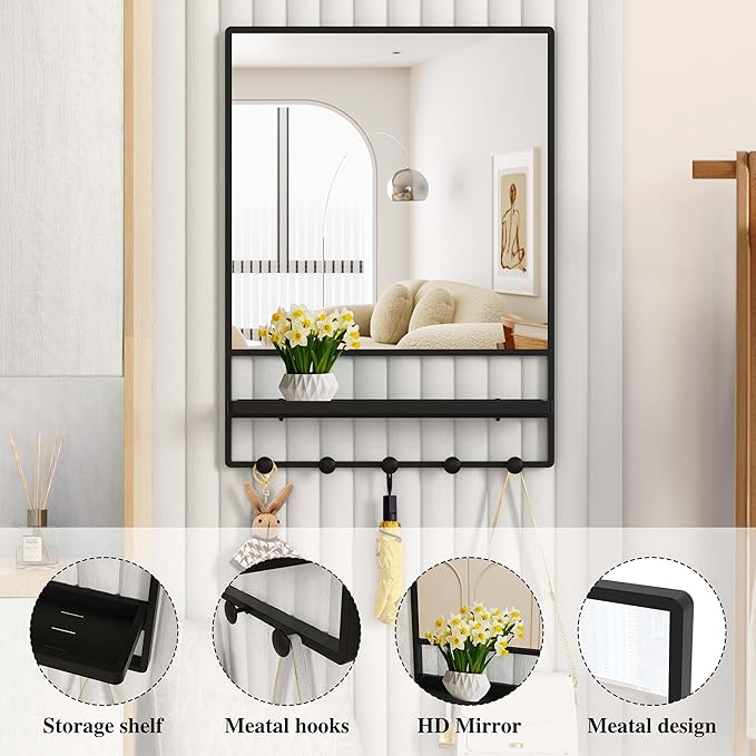 WONSTART Wall Mirror with Shelf and Hooks,Vanity Mirror with Hooks, 21 X 28 inch Metal Framed Bathroom Mirror with Shelf for Bathroom, Entryway, Bedroom, Living Room (Black, 21" x 28")