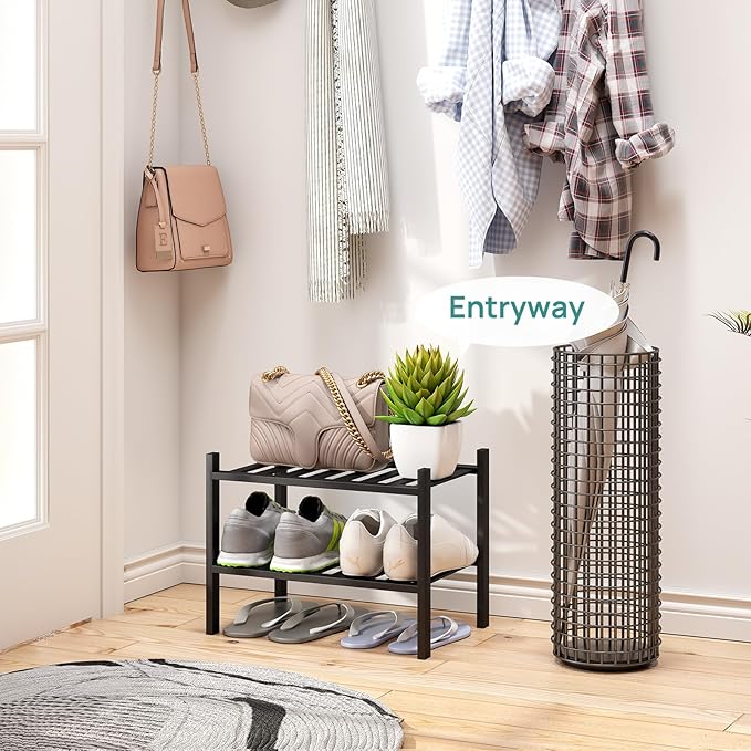 Black Small Shoe Rack for Entryway,2-Tier Bamboo Shoe Organizer for Hallway Closet, Free Standing Shoe Racks for Indoor Outdoor