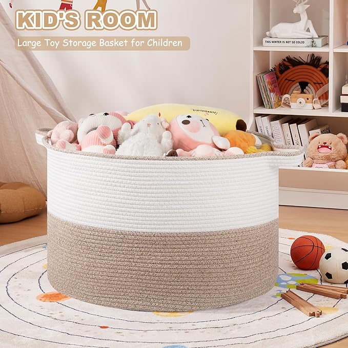 XXL Large Blanket Basket with Handles, 105L Woven Storage Basket for Living Room, Cotton Rope Baby Toy Storage for Clothes, Pillows, Towels-Brown & White