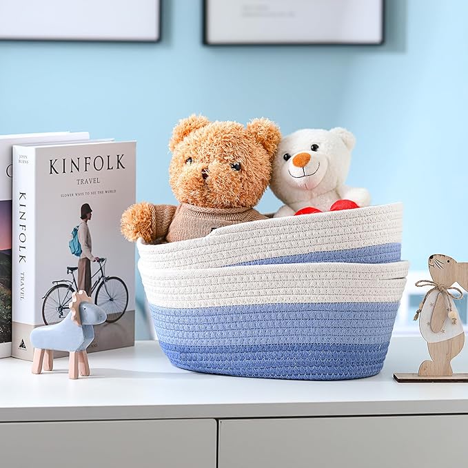 Sawysine 6 Pcs Storage Baskets Bulk for Organizing Cotton Rope Woven Basket with Handles for Gift Cloth Shelves Blanket Toys Living Room Bathroom (Blue and White)