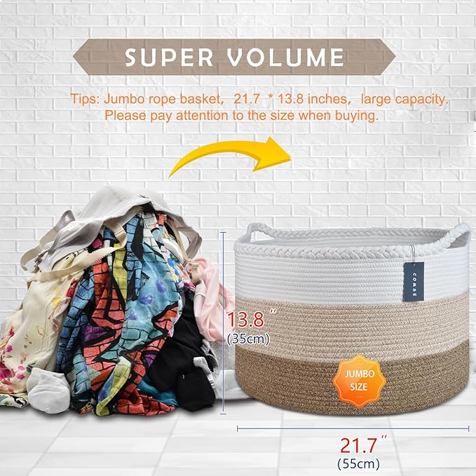 COMSE Extra Large Blanket Basket, Woven Laundry Basket, 21.7âx 13.8â, Nursery Hamper, Cotton Rope Laundry Hamper Living Room for Storage Toys Clothes Towels(White & Gradient Brown)