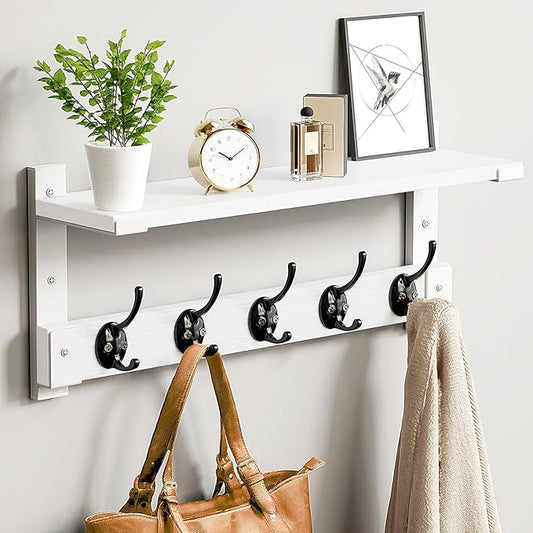 Wall Hooks with Shelf, Coat Rack Wall Mount for Coat Backpack Key Clothes Hanger, Wall Floating Shelf Hanging in Entryway, Living Room, Bathroom, Bedroom, Kitchen(White)