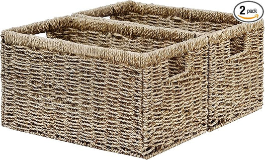 Vagusicc Wicker Storage Basket, Set of 2 Hand-Woven Sea Grass Storage Baskets for Organizing, 17 inch Small Wicker Basket for Shelves, Foldable Cube Organizer Bins for Bathroom