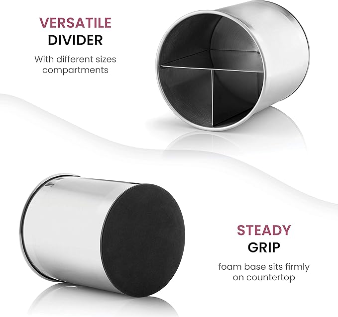 FineDine Rotating Kitchen Utensil Holder for Kitchen Counter - With Weighted Base for Stability, Stainless Steel Cooking Utensil Holder with Removable Divider, Brushed Stainless Steel