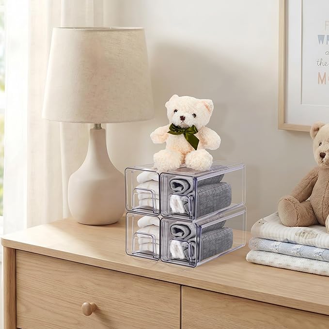 Sorbus Large Clear Stackable Storage Drawers 4-Pack Plastic Organizer Bins with Handles Pull-Out Drawers for Bathroom Closet, Medicine, Cabinet, Pantry Storage, Baby Bottle Organizer