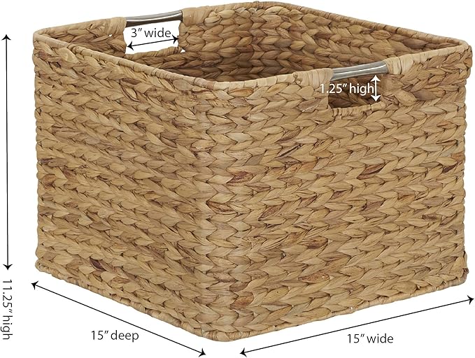 Household Essentials Woven Wicker Open Storage Basket with Stainless Steel Handle, Brown