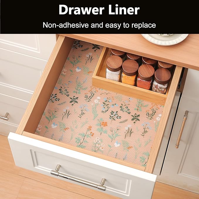 INNOLITES Shelf Liners for Kitchen Cabinets – Drawer Liner Waterproof & Oil-Proof, Non-Adhesive EVA with Floral Pattern – Durable Washable, Easy to Cut (Sage Green, 17.5" x 197")