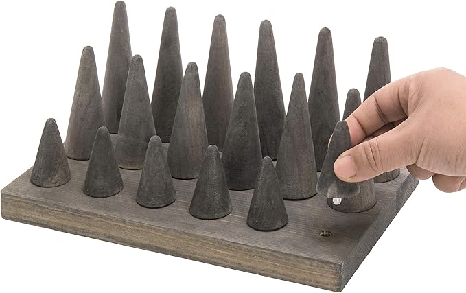 MyGift Vintage Gray Weathered Solid Wood Cone Shaped Ring Holder Tower, Wooden Jewelry Organizer Stand for Home Table or Retail Counter Display Tray, Holds 18 Rings