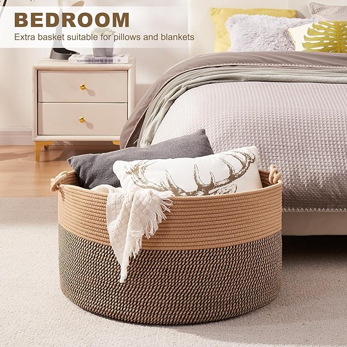 Large Blanket Storage Basket for Living Room, 22.8" x 22.8" x 13" Woven Cotton Rope Basket with Handles, Baby Toy Storage, Laundry Hamper for Clothes, Pillows, Towels-Brown and Black