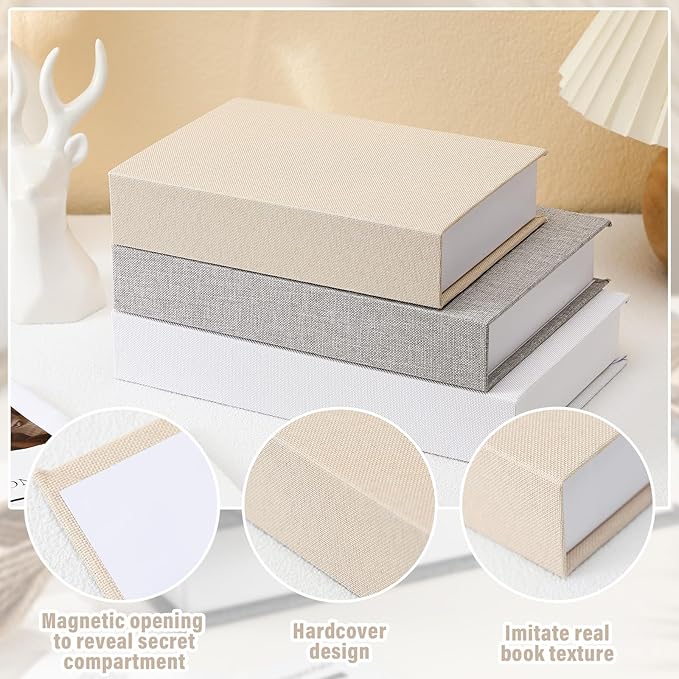 Tioncy 3 Pcs Fake Book Box Neutral Linen Book Box Decorative Faux Prop Storage for Farmhouse Home Decor shelf Table Card Photo DIY Keepsake Gift(Multi Sizes,Rice White, Light Grey and White)