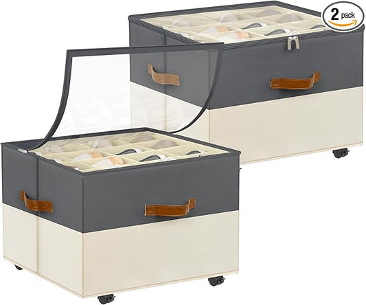 Shoe Organizer for Closet, 2 Pack Shoe Storage Organizer with Wheels and Adjustable Dividers, Stackable Shoe Storage Box with Clear Cover, Closet Shoe Organizer Fits up to 16-32 Pairs, Gray and Beige