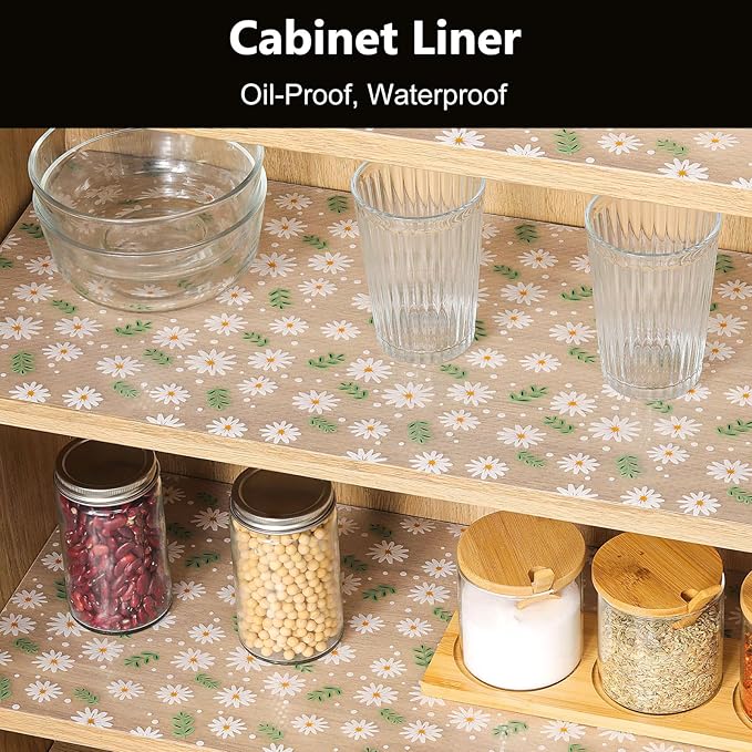 INNOLITES Shelf Liner for Cabinets, Non-Adhesive for Kitchen Drawer Liner, Waterproof Shelf Paper with Floral Pattern, Durable Easy to Clean (Green Daisy, 11.8" x 120")