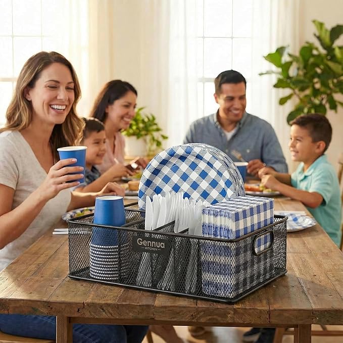 Paper Plate Organizer for Cabinet, Counter, Picnics, Parties & More, Extra Large Utensil Caddy Crafted of Thick Iron Mesh With 6 Compartments for Paper Plates & Plastic Silverware