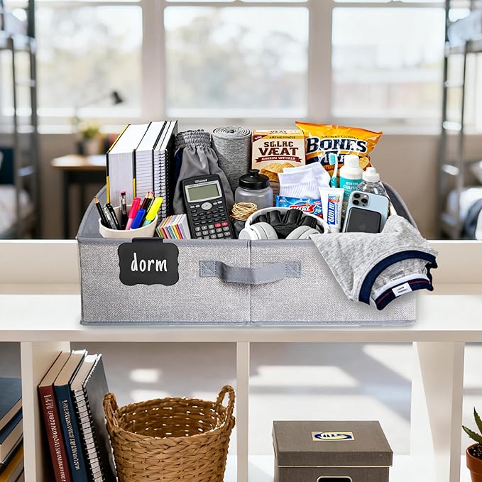 Closet Organizers and Storage Bins with Labels Clip, Large Trapezoid Storage Baskets for Shelves, 28L Foldable Fabric Clothing Organizer for Blankets, Towels and Toys, Grey, 3-Pack