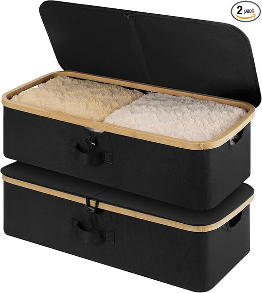 StorageWorks 2-Pack Underbed Storage Box with Bamboo Frame, 42L Flip-Top Under Bed Container for Blankets, Bed Sheets, Coverlets and Towels, Black