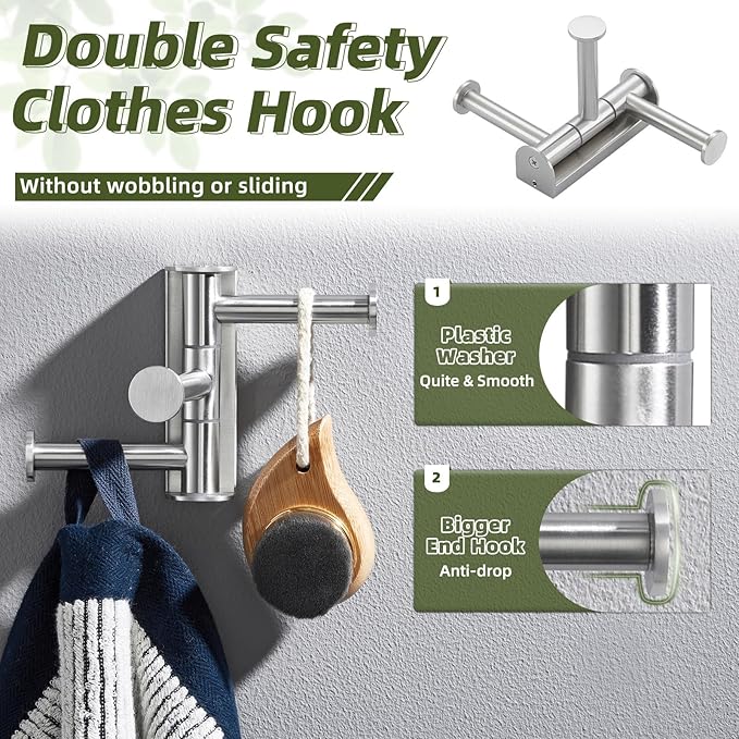 APLusee Brushed Nickel Swivel Coat Hook, 304 Stainless Steel Swivel Towel Hook for Bathroom with Multi 3 Rotating Arms, Wall Mounted