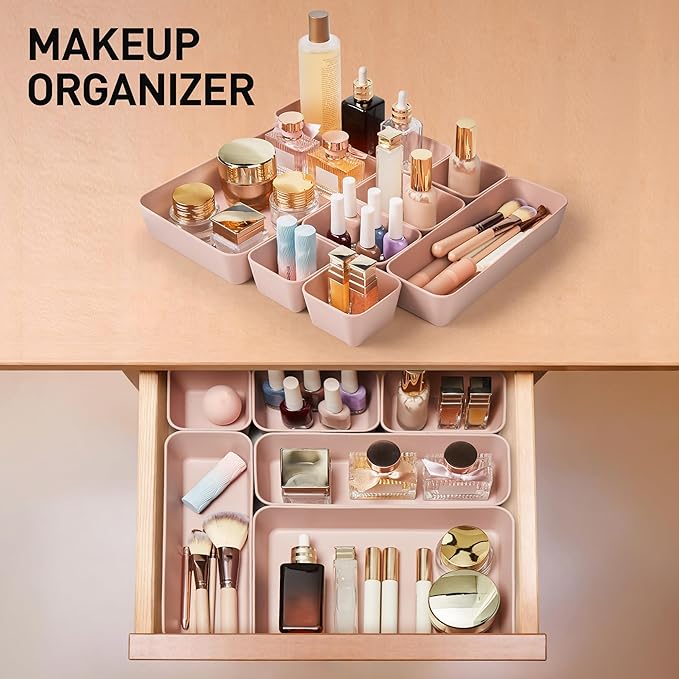 ISSEVE 8Pcs Nesting Silicone Drawer Organizer Trays, 4 Size Versatile Vanity Bathroom & Desk Drawer Organizer Set Storage Bins for Office,Kitchen,Nightstand,Pink