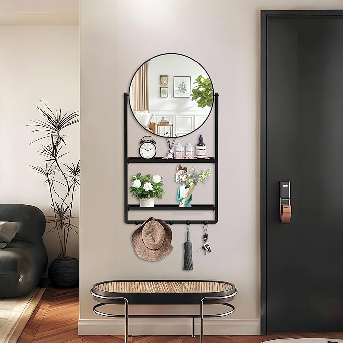 WONSTART 39.5" × 21.7" Black Round Wall Mirror with Shelf and Hooks, 10° Adjustable Tilt Metal Frame Bathroom Mirror with Shelf for Bedroom, Entryway, Living Room