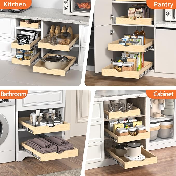 ZOINLIY Wooden Pull Out Cabinet Organizer, Slide Out Drawer for Kitchen Organizers and Storage, Soft Close, Heavy Duty, Fully Expandable