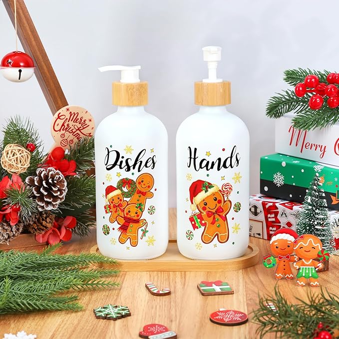 2Pcs Christmas Soap Dispenser Refillable Liquid Container Gingerbread Man Candy Glass Soap Dispenser with Pump for Xmas Holiday Home Kitchen Countertop Decor
