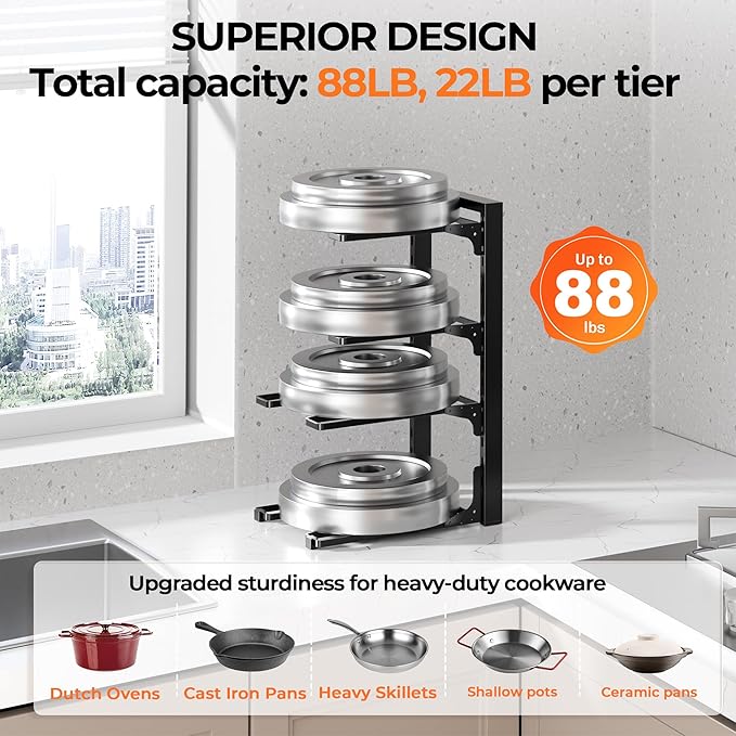 MUDEELA Pots and Pans Organizer under Cabinet 15.75" Tall, 4-Tier Heavy Duty Pan Organizers inside Cabinet Kitchen Storage, Adjustable Pot Rack Holds up to 88 LB Cast Iron Skillets Shallow Cookware