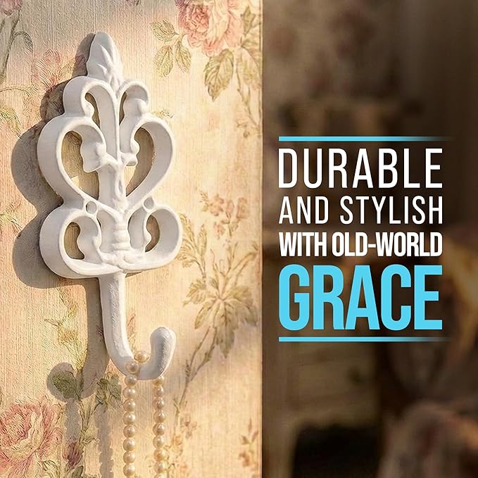 Comfify Shabby Chic Decorative Wall Hooks - Set of 3 - Cast Iron French Country Wall Decor - Farmhouse Hangers for Coats, Purses and More - Pure White