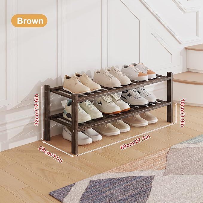 Bamboo Shoe Rack Organizer for Closet and Entryway - Space-Saving Narrow Shoe Stand - Versatile Shoe Holder for Door or Closet Shelf,Garage Bedroom can Freely Stack DIY Small Shoe Racks 2Tier Brown