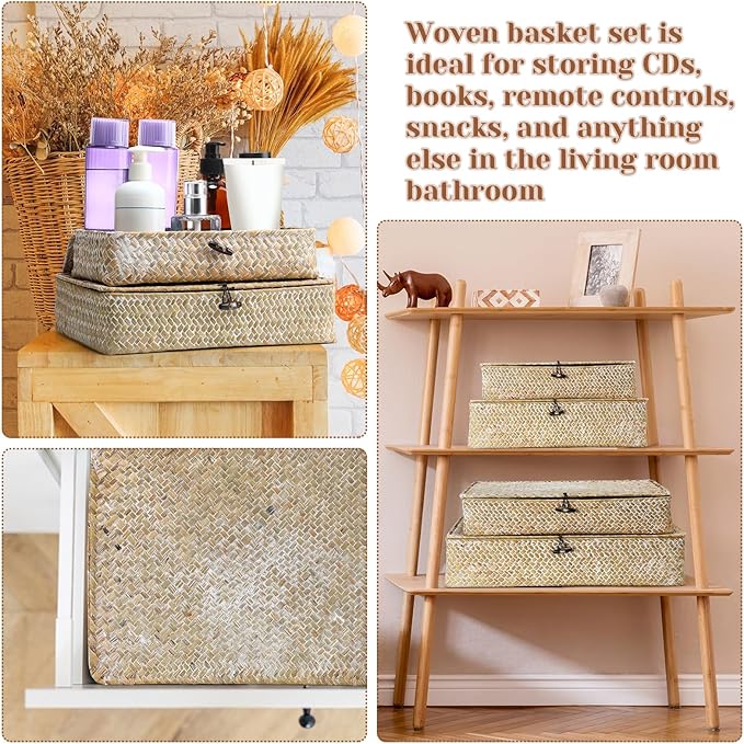 Set of 4 Seagrass Basket with Lid Wicker Storage Basket Decorative Storage Boxes with Lids Flat Storage Bins Woven Organizer Baskets for Shelf Closet Bedroom, 4 Sizes (White)