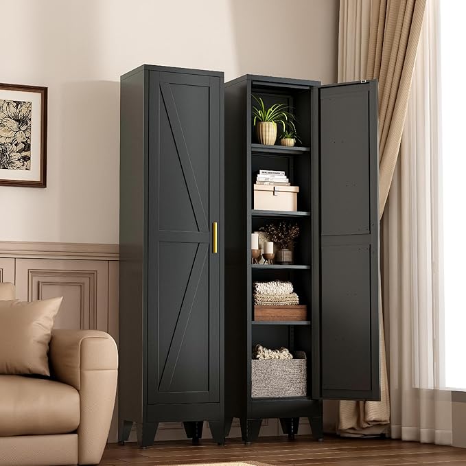 White Narrow Metal Storage Cabinet, Tall Freestanding Cabinet with 4 Adjustable Shelves & Barn Doors, Pantry Organizer for Bathroom Kitchen Home Office Dining Room（1PC,Black）