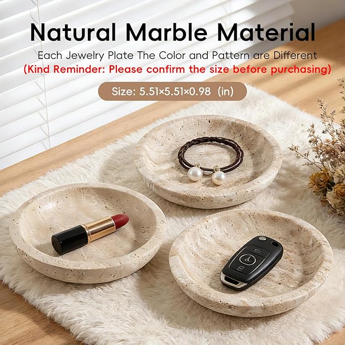 Travertine Jewelry Dish Tray - Decorative Stone Catchall Bowl for Entryway Table, Keys & Rings Holder, Natural Marble Home Decor Organizer (5.5 Inch)