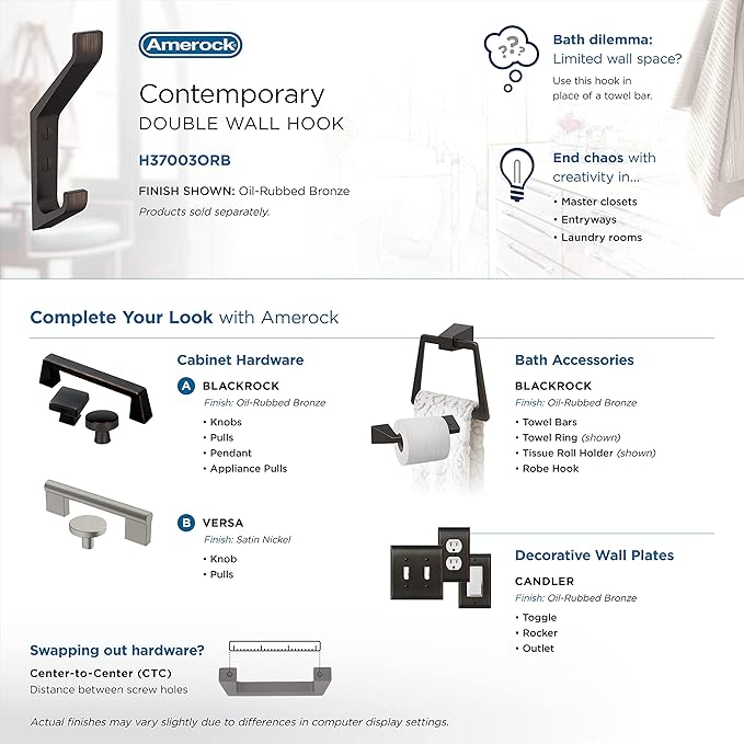 Amerock H37003ORB | Emerge Double Prong Decorative Wall Hook | Oil Rubbed Bronze Hook for Coats, Hats, Backpacks, Bags | Hooks for Bathroom, Bedroom, Closet, Entryway, Laundry Room, Office