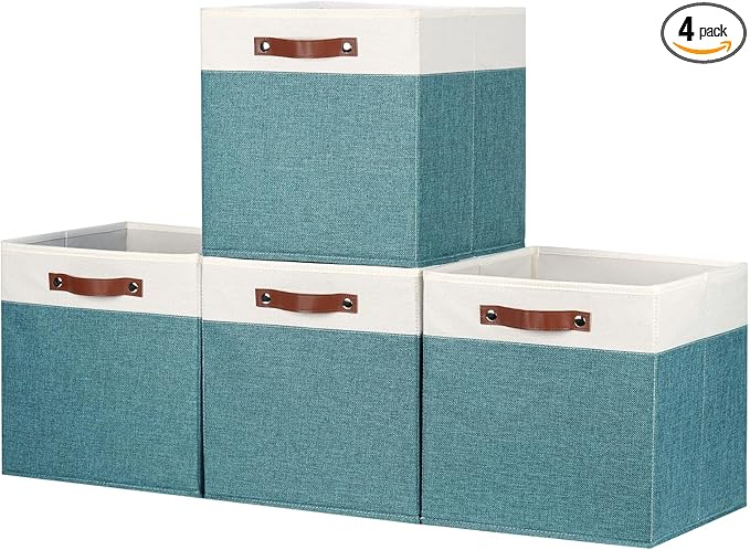 HNZIGE 13x13x13 Storage Cube Bins,4 PCS Fabric Storage Cube Bins for Organizing, Foldable Cube Storage Bins with Handles, Closet Storage Bins for Organizer Home, Office(White&Dark Green)