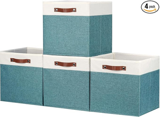 HNZIGE 13x13x13 Storage Cube Bins,4 PCS Fabric Storage Cube Bins for Organizing, Foldable Cube Storage Bins with Handles, Closet Storage Bins for Organizer Home, Office(White&Dark Green)