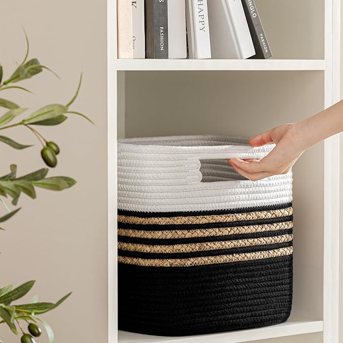 UBBCARE Set of 3 Storage Cubes 11 X 10.5 X 10.5 in, Water Hyacinth Storage Bins for Shelves, Toys, Book, Storage Baskets with Handles, Cotton Rope Woven Baskets for Organizing, Black