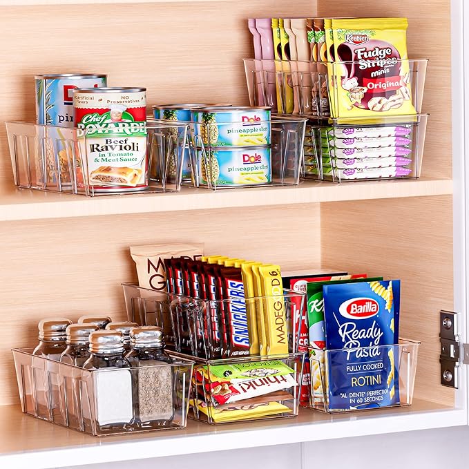 Puricon 4 Pack Pantry Organization and Storage Bins for Kitchen Fridge Countertop Cabinet, Stackable Clear Plastic Storage Racks with Removable Dividers, 5 Compartments for Snacks Packets Spices