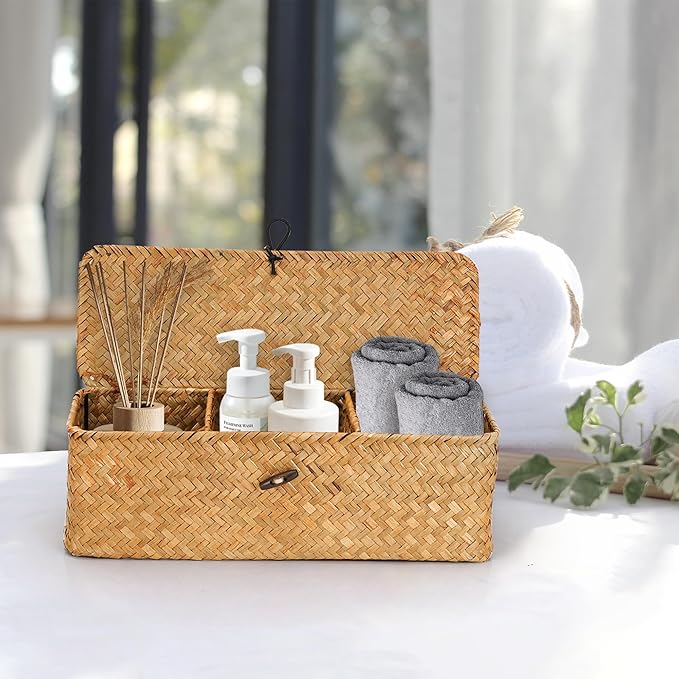 3 Compartment Storage Woven Basket with Lid, Rectangular Wicker Baskets Organizer for Bathroom Counter, Seagrass Woven Storage Baskets for Toilet Paper (12.6x4.7x4.3 inch)