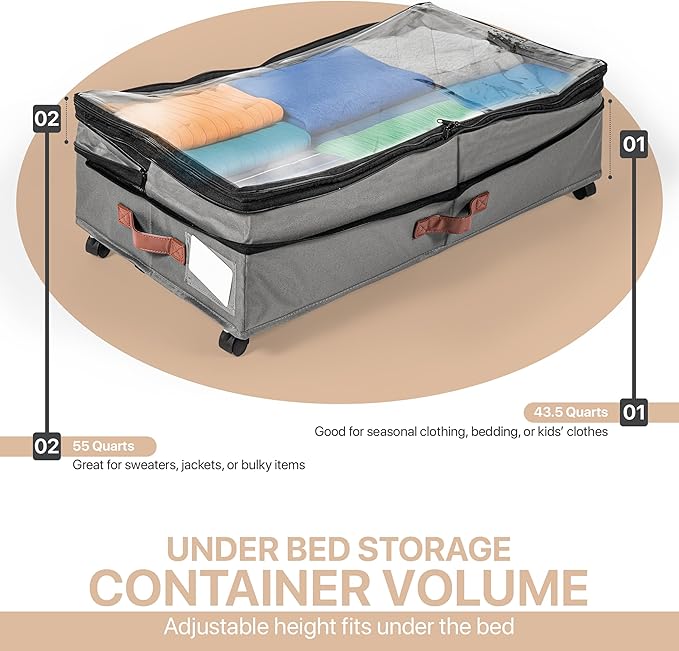 Expandable Under Bed Storage with Wheels 2 Pack â Large Under Bed and Closet Storage - Expandable Storage Bins with Lid & Dividers, Low Profile Storage Solution for Clothes, Shoes Great for Dorm Rooms