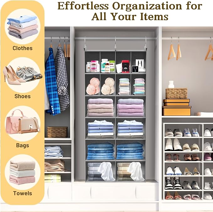 Ofiray-home 6 Tier Hanging Closet Organizer, 16 Compartments Sweater Organizer for Closet with 3 Sturdy Hooks, Closet Organizers and Storage, Wardrobe, Rv, Garment Rack, Grey