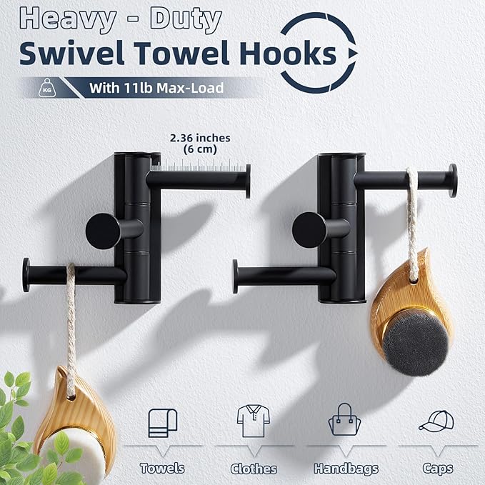 APLusee Swivel Towel Hook for Bathroom 2 Pack, 304 Stainless Steel Matte Black Swivel Coat Hook with 3 Rotating Arms, Flexible Kitchen Towel Hanger Wall Mounted
