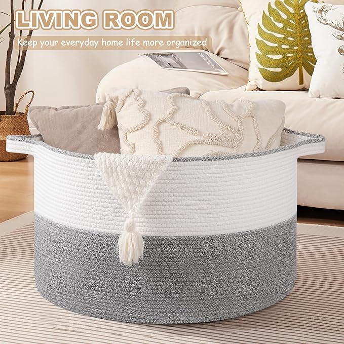 XXL Large Blanket Basket with Handles, 105L Woven Storage Basket for Living Room, Cotton Rope Baby Toy Storage for Clothes, Pillows, Towels-Grey & White